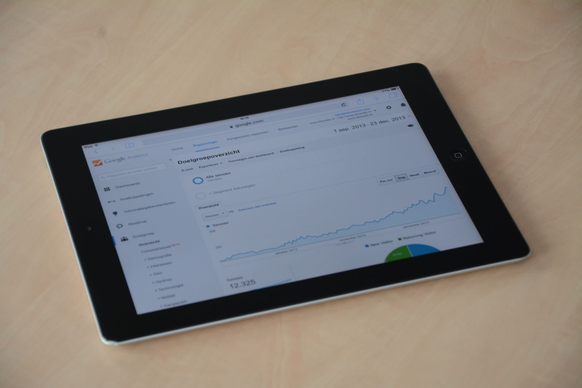 A digital tablet displaying a web analytics dashboard with revenue graphs and charts.